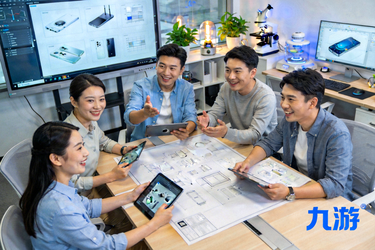九游品牌团队在研发中心讨论产品设计 - 展现品牌创新精神